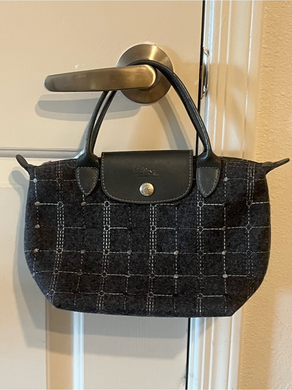 Vintage Longchamp Le Pliage Small Wool Plaid Tote Black Leather Made France